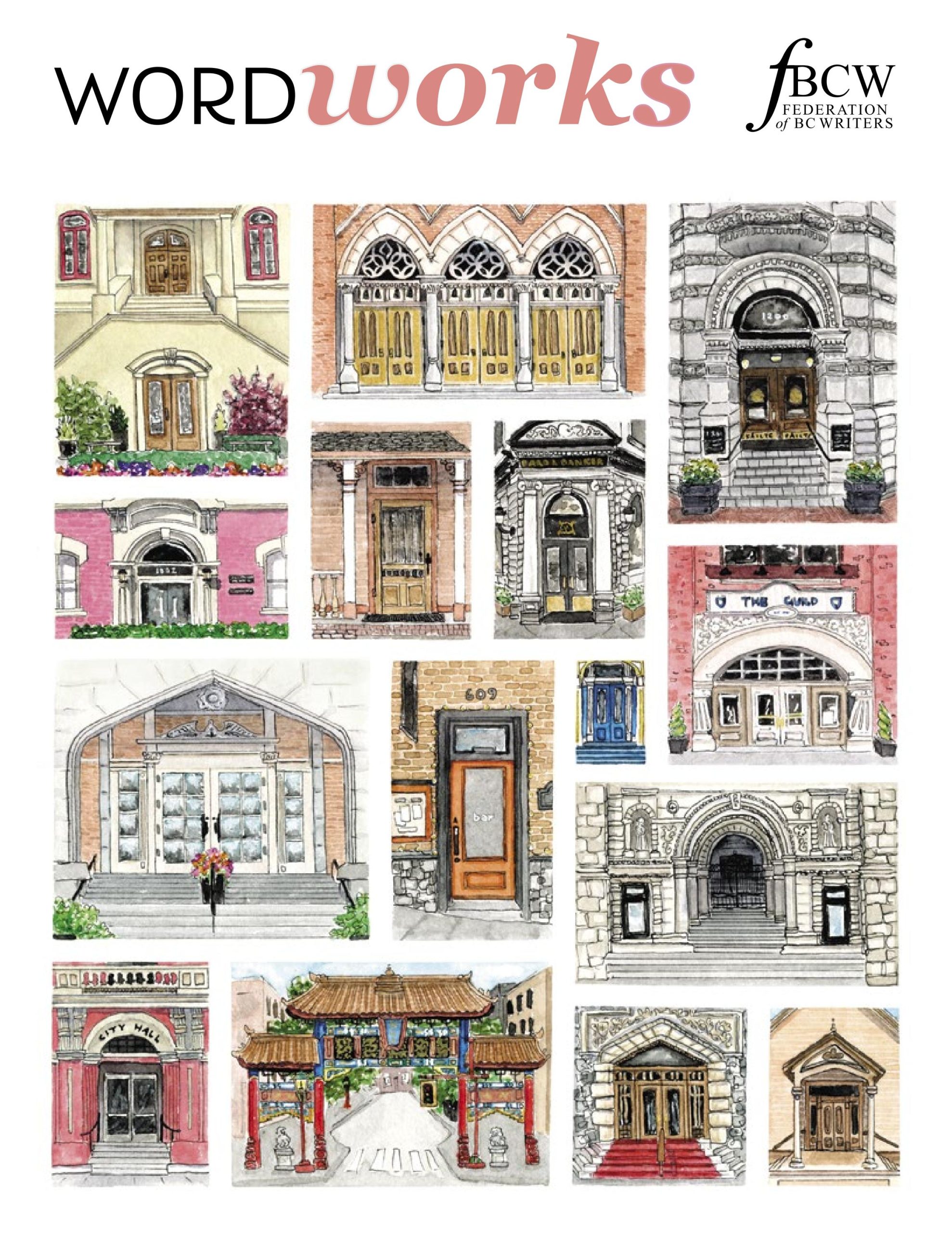 Cover of WordWorks magazine from the Federation of BC Writers, featuring an illustrated collage of various building entrances and architectural doorways from around British Columbia